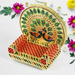 Meenakari Work Laddu Gopal Singhasan / Sihasan for Pooja Mandir Wooden Krishna Ladoo Bal Gopal Sofa Asan, Home Decorative Premium Look Decorative Singhasan Suitable For Home, Office, Restaurant (2 Pc Set)