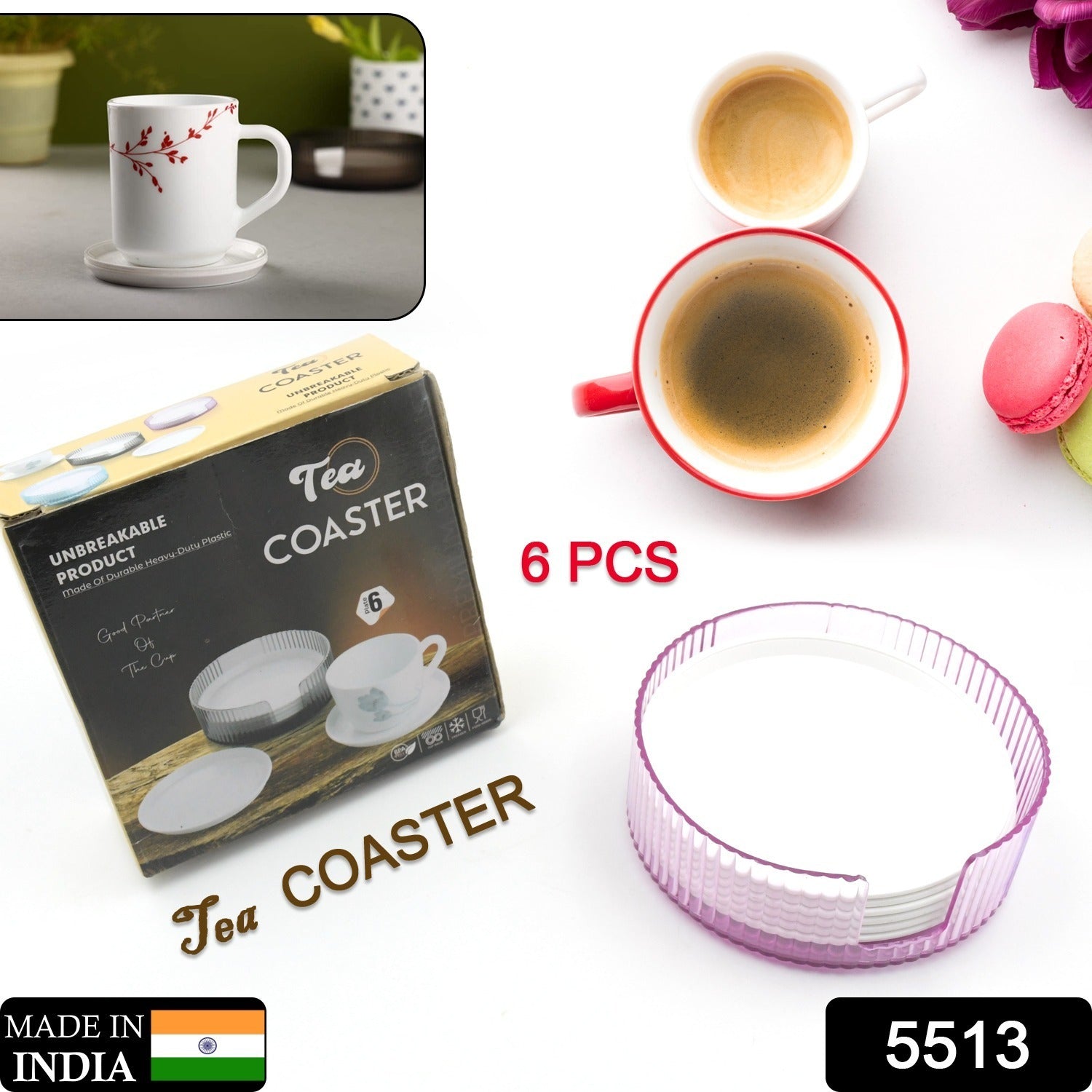 5513 Coasters Set of 6 Plastic Coasters Spill Protection for Table Desk Durable and Non Slip Plastic Coaster Fit Common Size Drinking Glass Coffee Cup Tea Cup Mug