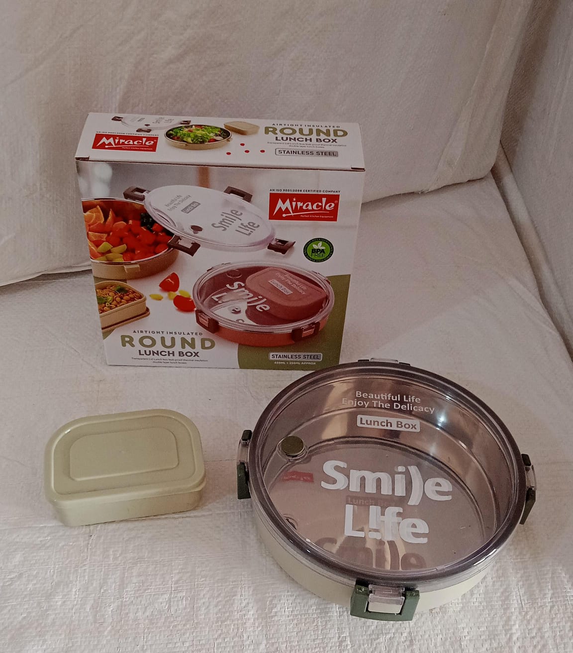 5584 Miracle Stainless Steel Round Lunch Box, with Small Plastic Box Insert Leak Proof Lunch Box with Transparent lid, Lunch Box for Kids & Adults for School, Office (450 ML + 250 ML Approx)