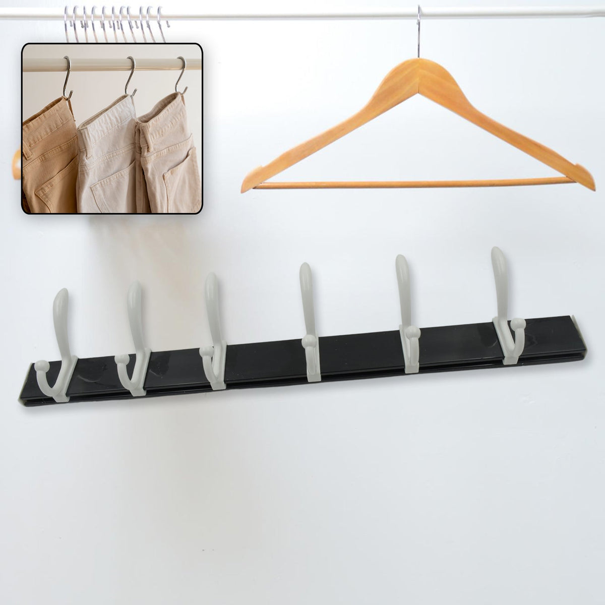 7572 Cloth hanger, Wall Door Hooks Rail for Hanging Clothes for Hanging Hook Rack Rail, Extra Long Coat Hanger Wall Mount for Clothes, Jacket, Hats, 6 Hook With Eco-friendly Liquid Adhesive Glue