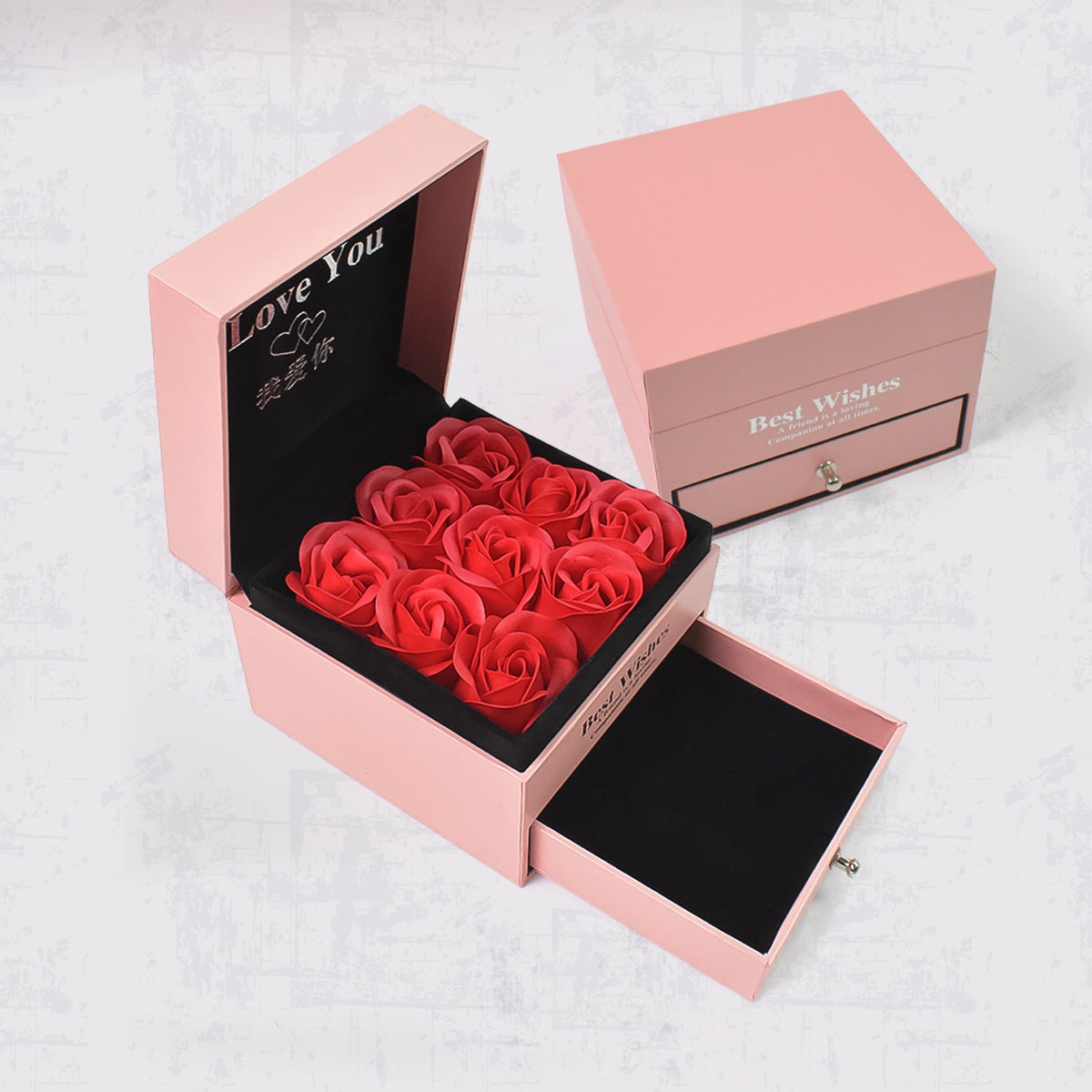 Preserved Eternal Rose Flower Gift Box Drawer with I Love You & Artificial 9 Pcs Rose (1 Set)