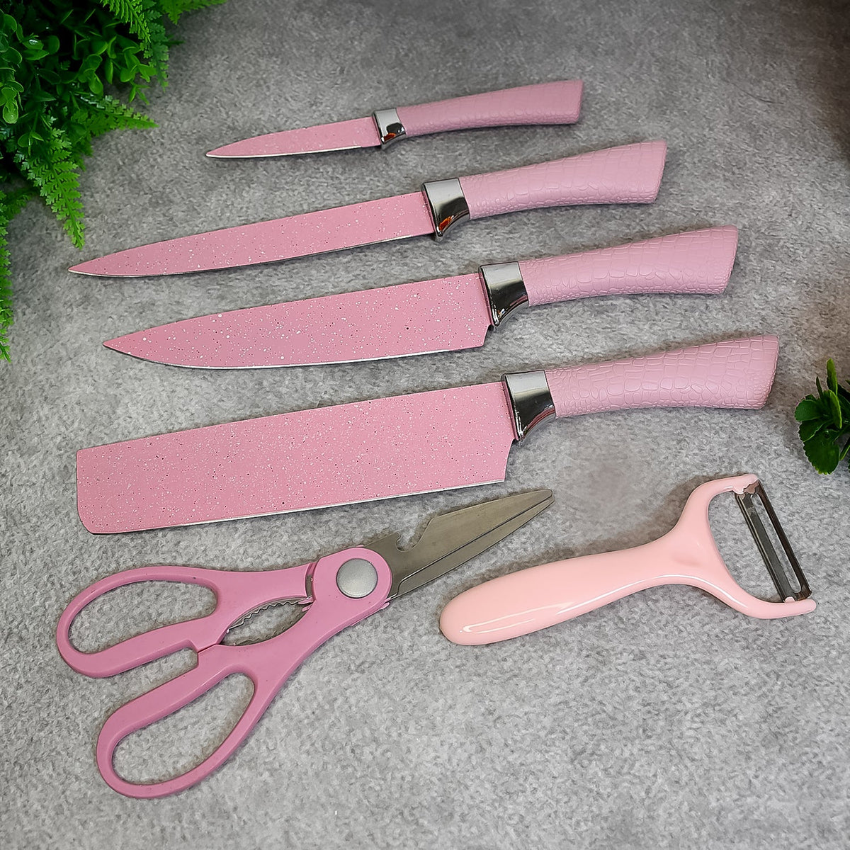 Stainless Steel Non Stick Ceramic Coating 6 Pcs Chef Kitchen Knife Set with Scissor & Peeler