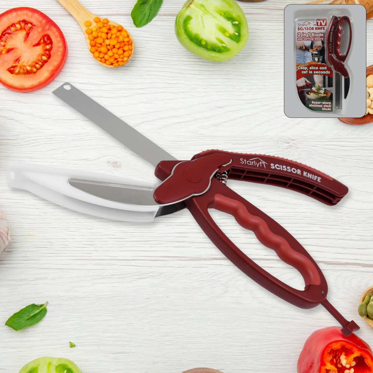 2 in 1 Kitchen Knife Scissor with Spring Locking Hinge and Chopping Board (1 Pc / With Card Packing)