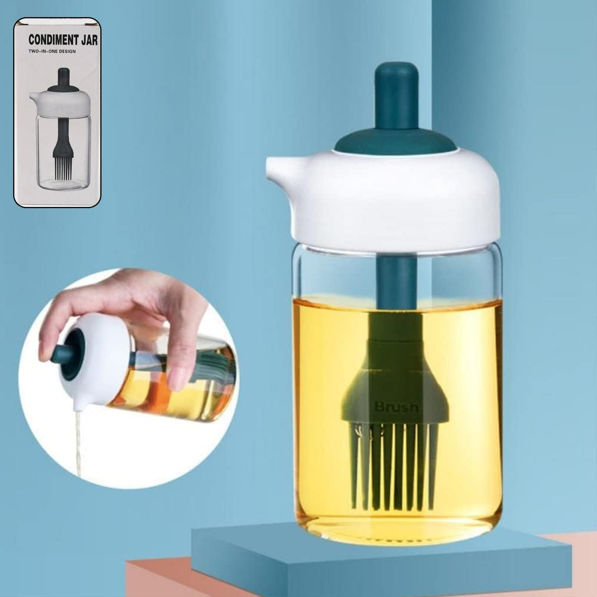 2 in 1 Glass Oil dispenser jar / Bottle with brush (1 Set)