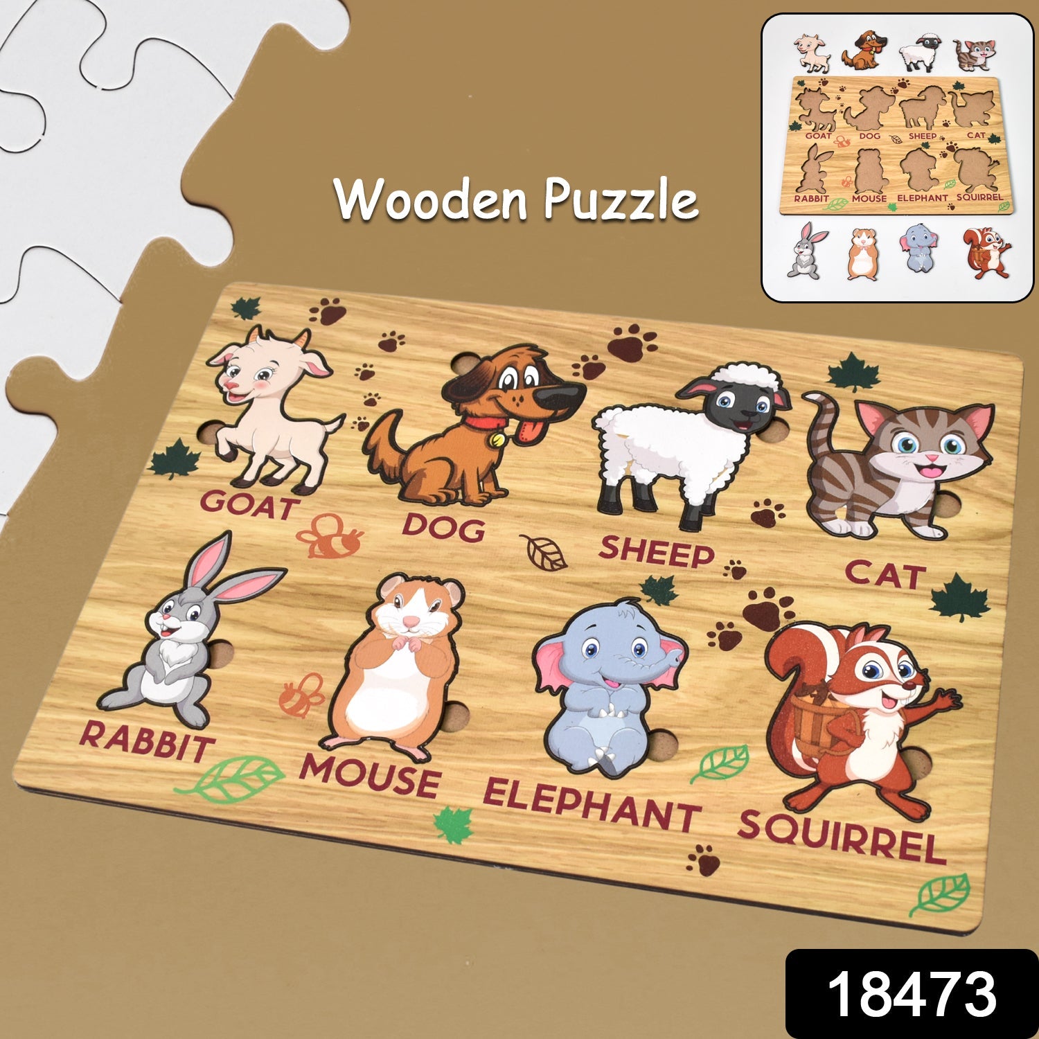 Wooden Animal Puzzle Learning Educational Board (1 Set / 28×20 Cm)