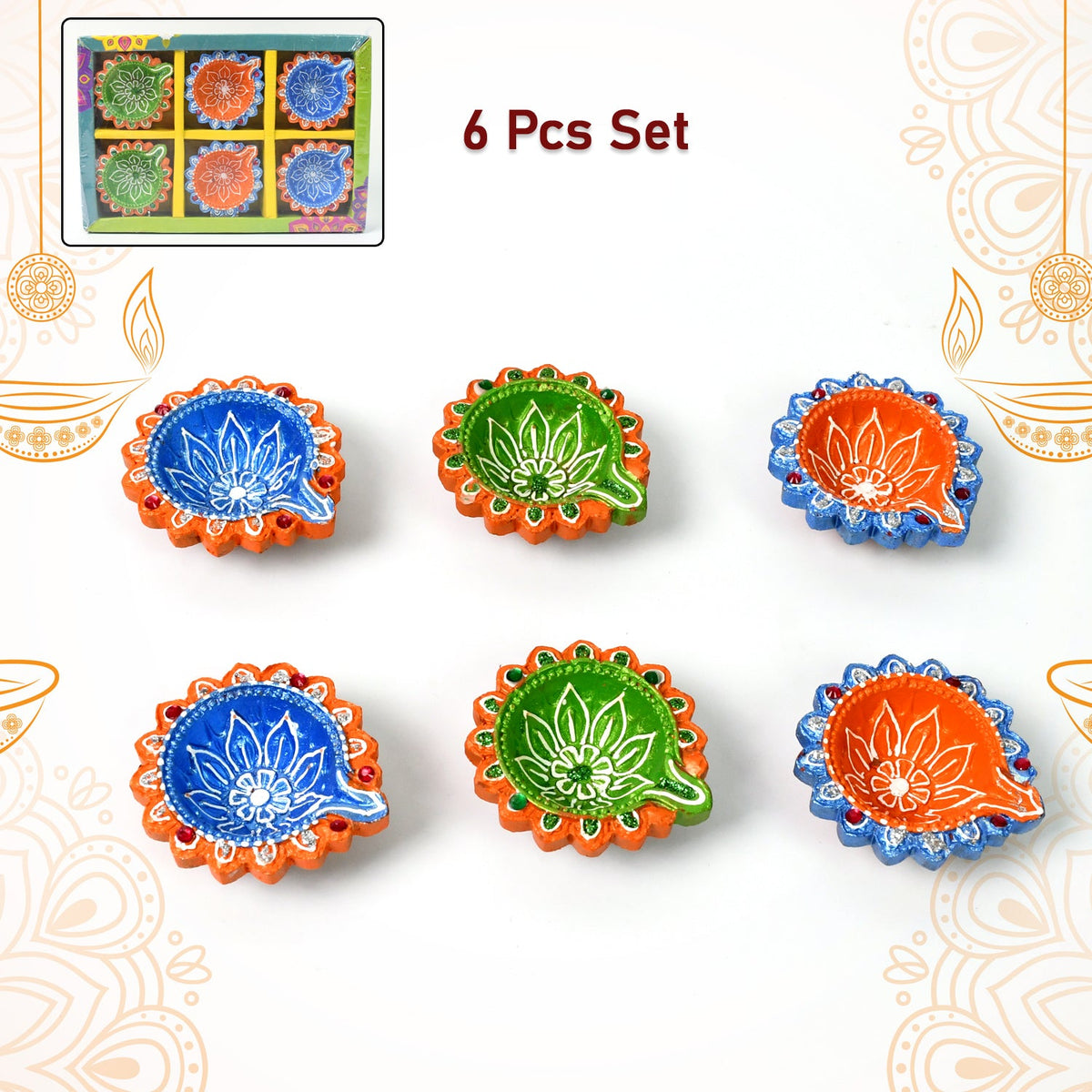 Decorative Hand Painted Clay Puja Diya for Diwali Handmade Diya (6 Pcs Set)