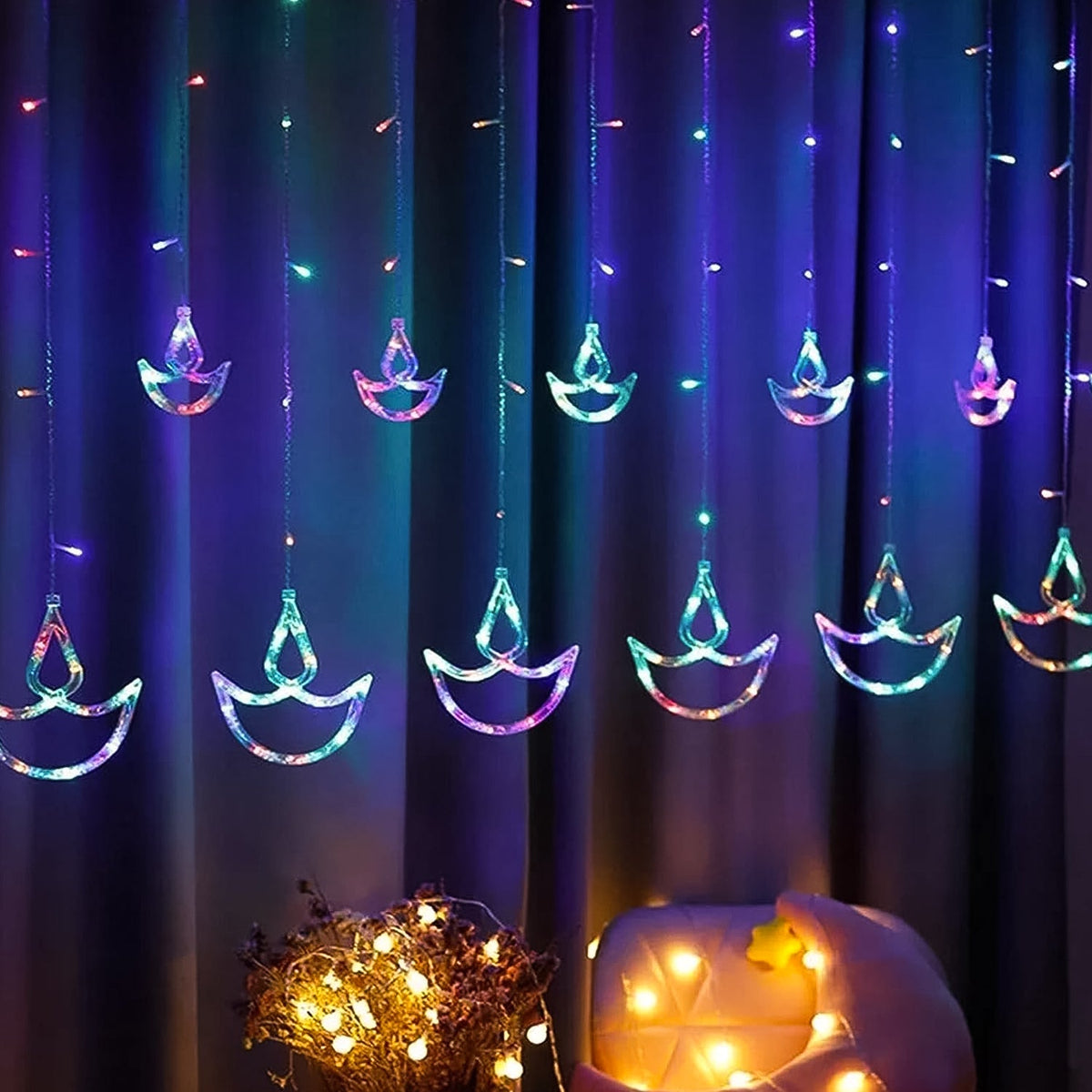 Multicolor 12 Diya Curtain String Lights, Window Curtain Lights with 8 Flashing Modes Decoration Light (Multi Color)