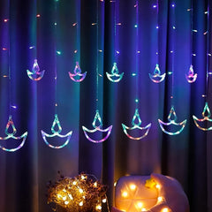 Multicolor 12 Diya Curtain String Lights, Window Curtain Lights with 8 Flashing Modes Decoration Light (Multi Color)