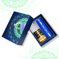 Personalized Temperature Water Bottle & Choco Almond Chocolate (With Attractive Peacock Box / 2 Pc Set)