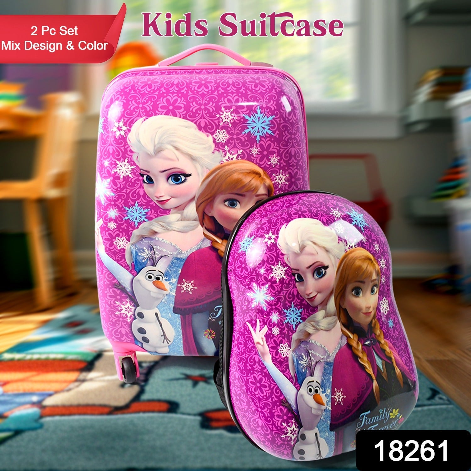 Kids Travel Suitcase with 4 Wheels (2 Pcs Set / 1 Big & 1 Small Shoulder Bag / Mix Design & Color)