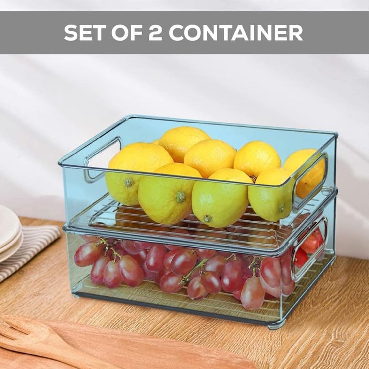 5776 Plastic Refrigerator Organizer Bins, Set Of 2 Stackable Fridge Organizers with Handle, Clear Organizing Food Fruit Vegetables Pantry Storage Bins for Freezer kitchen Cabinet Organization and Storage (2 Pcs Set Mix Color)