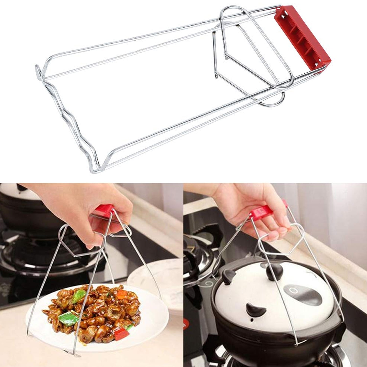 5737 Kitchen Tongs Stainless Steel Pot Pan Gripper Clip Red Handle Take Bowl Clip Gripper Multi-Purpose Bowl Kitchen Accessories Kitchen Tongs Stainless Steel For Restaurants for Kitchen
