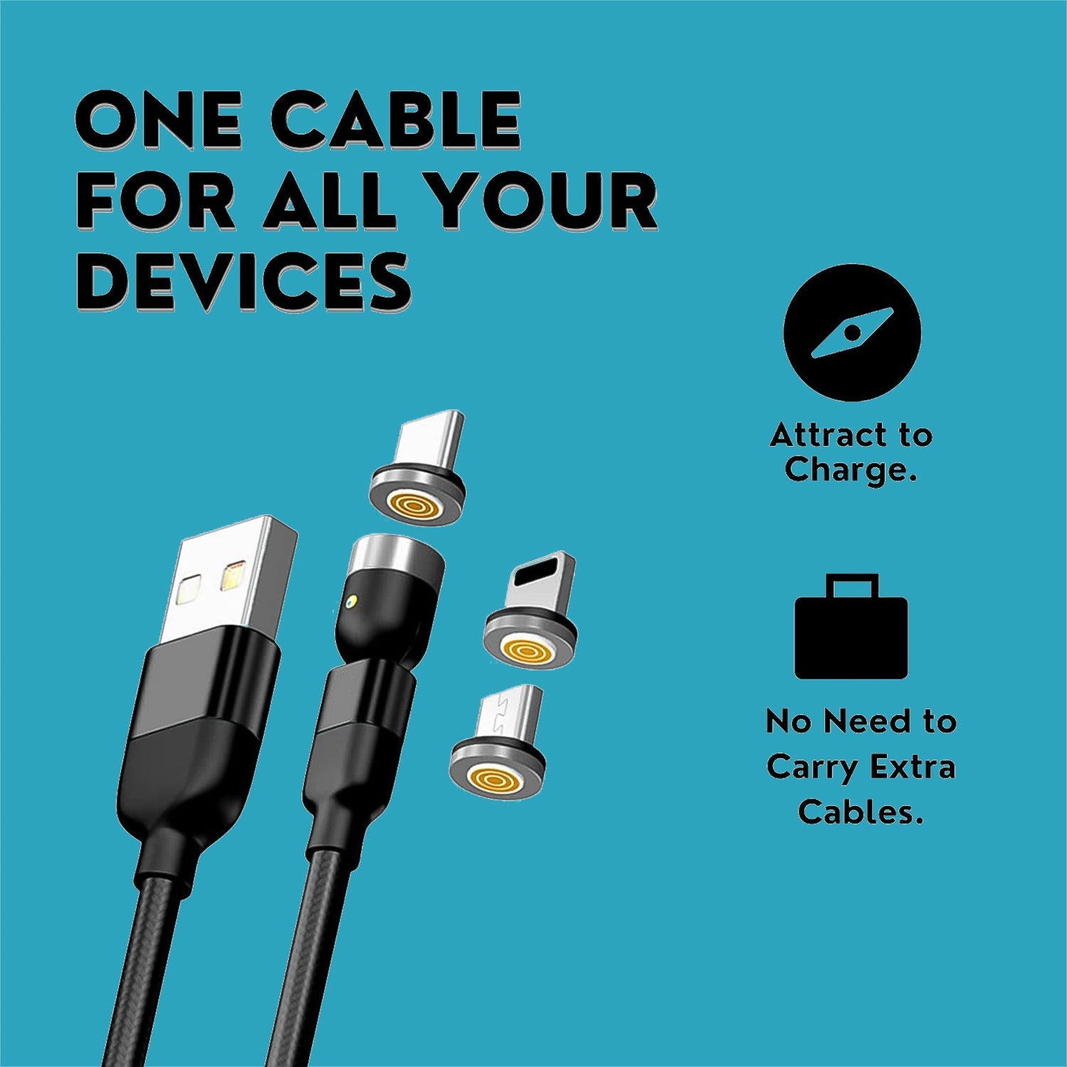 3 in 1 Magnetic USB Charging Cable | USB-c Android and Lightning with Extra Protecting Nylon| Strong Magnetic Cable with Full Rotation Support Fast Charging