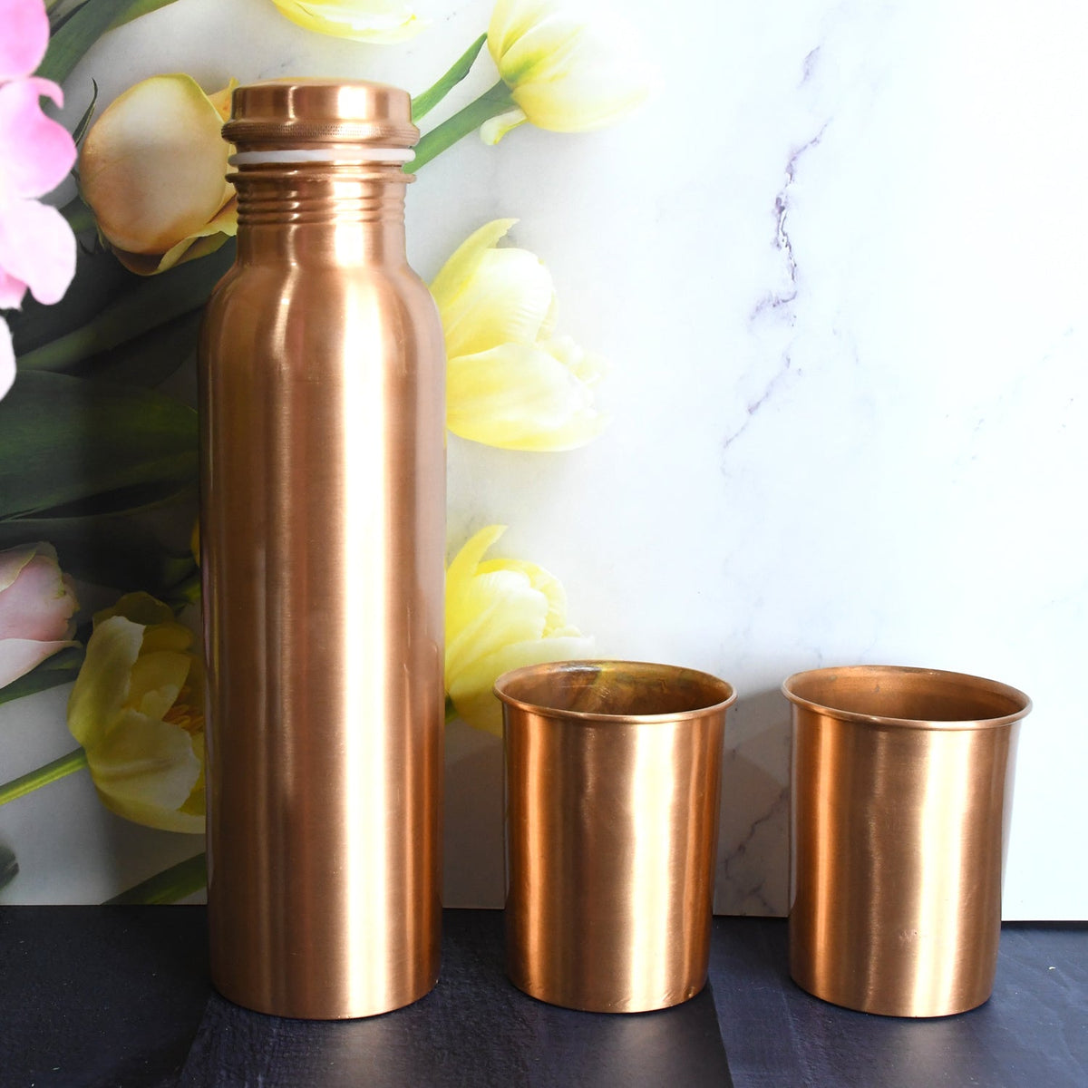 Copper Water Bottle 2 Glasses with Gift Box (3 Pcs Set)