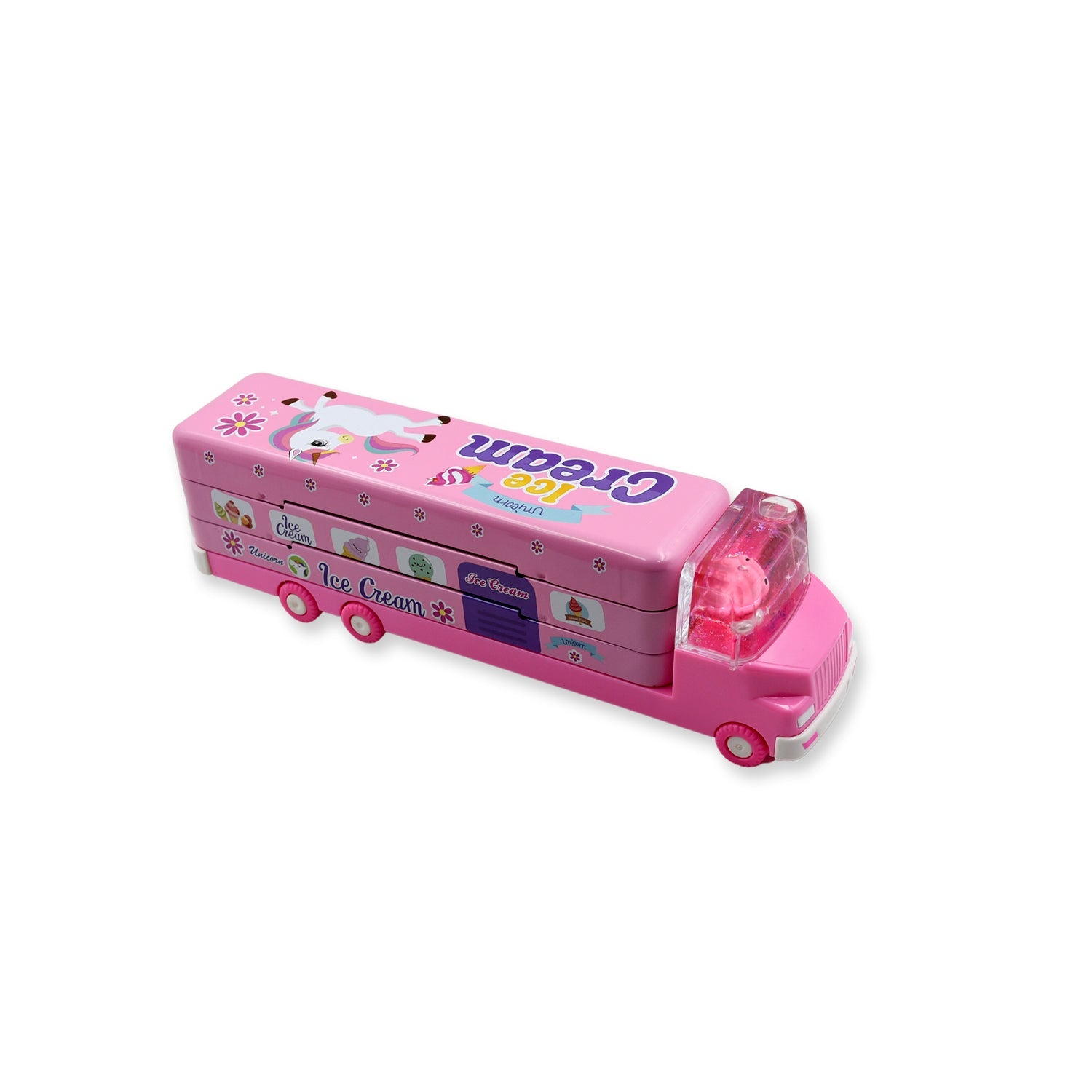 4568 Double Decker Magic Truck Compass Multi Level Metal Truck Compass Pencil Case with Movable Wheels & Sharpener (Mix Design)