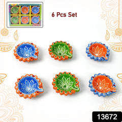 Decorative Hand Painted Clay Puja Diya for Diwali Handmade Diya (6 Pcs Set)