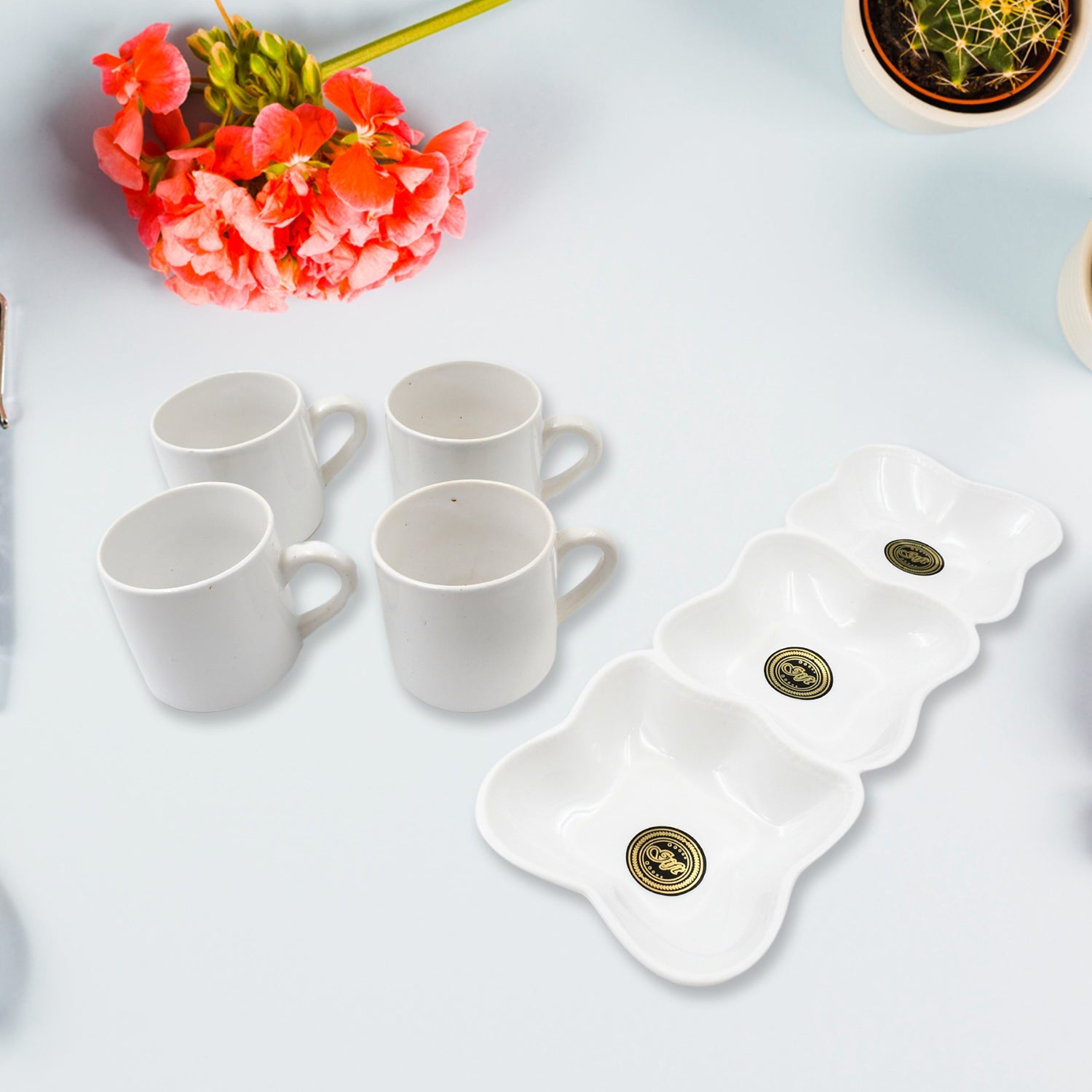 Triple Mazza Ceramic Tea / Cups Set Including 3 Compartment Plastic Serving Platter (4 Pcs Set)