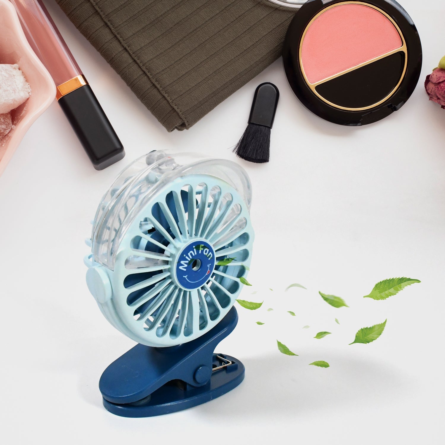 17930 Portable Clip-on Fan, Battery Operated, With Light & Spray, Small Yet Powerful USB Table Fan, 3-Speed Quiet Rechargeable Mini Desk Fan, 360° Rotation, Personal Cooling Fan for Home, Office, Camping