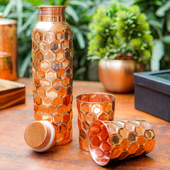 Diamond Cut Copper Water Bottle 2 Glasses with Gift Box (3 Pcs Set)