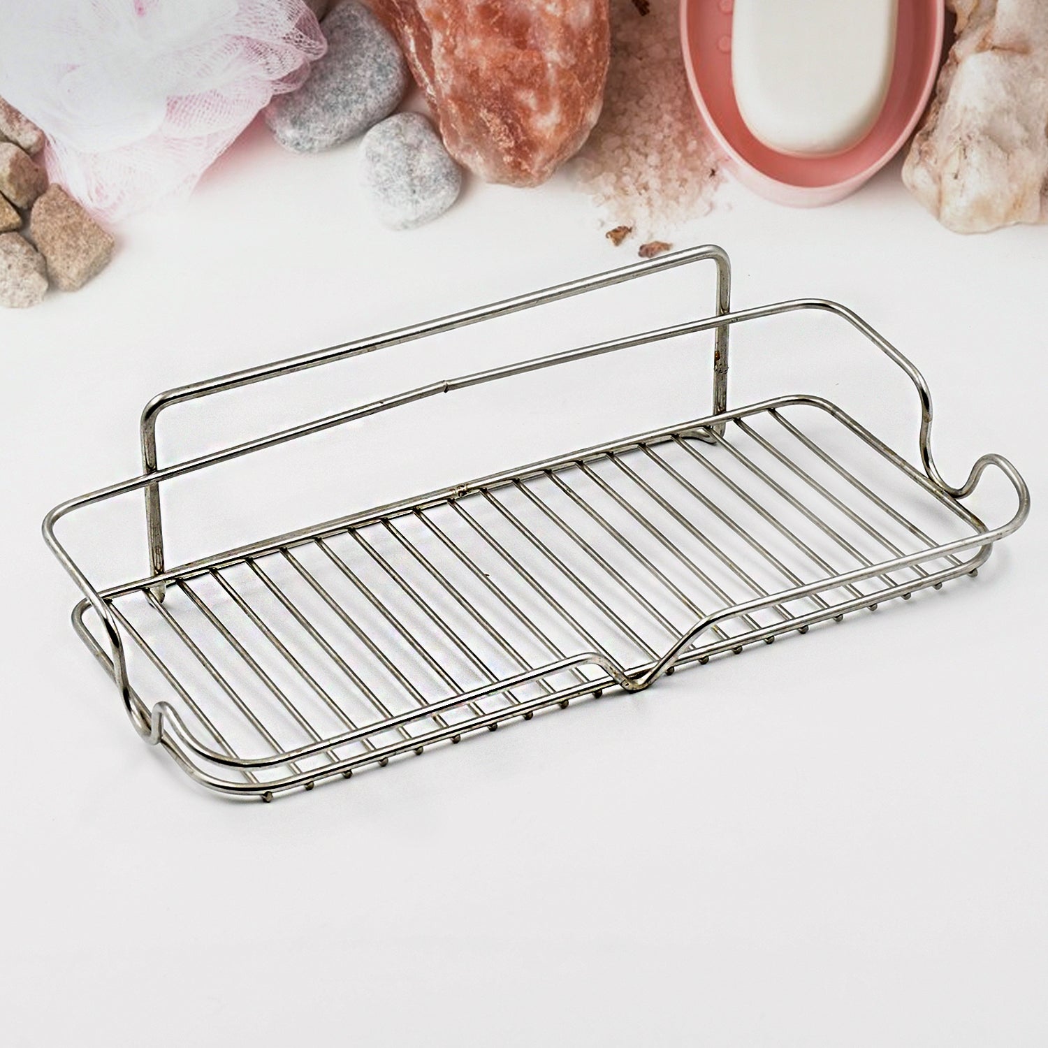 Stainless Steel Kitchen Bathroom Shower Shelf Storage Suction Basket Rack With 2 Hook (1 Pc)