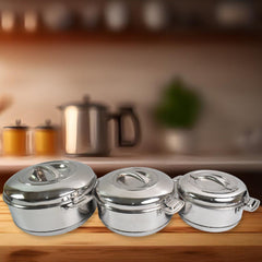 Royal Unique Hot Pot Stainless Steel Insulated Serving Casserole with Lid & Handle (3 pcs Set)