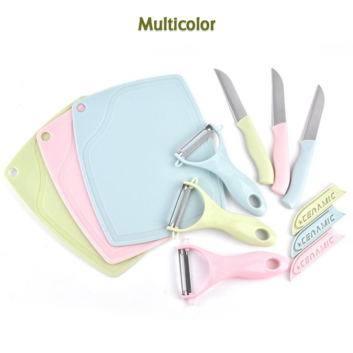 5207 Plastic Kitchen Peeler - Green & Classic Stainless Steel 3-Piece Knife Set Combo DeoDap