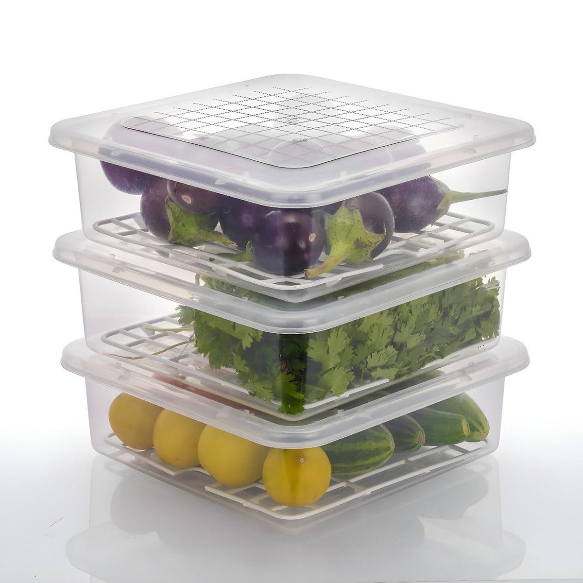 Plastic Food Storage Containers with Removable Drain Tray and Lid (3 Pcs Set)