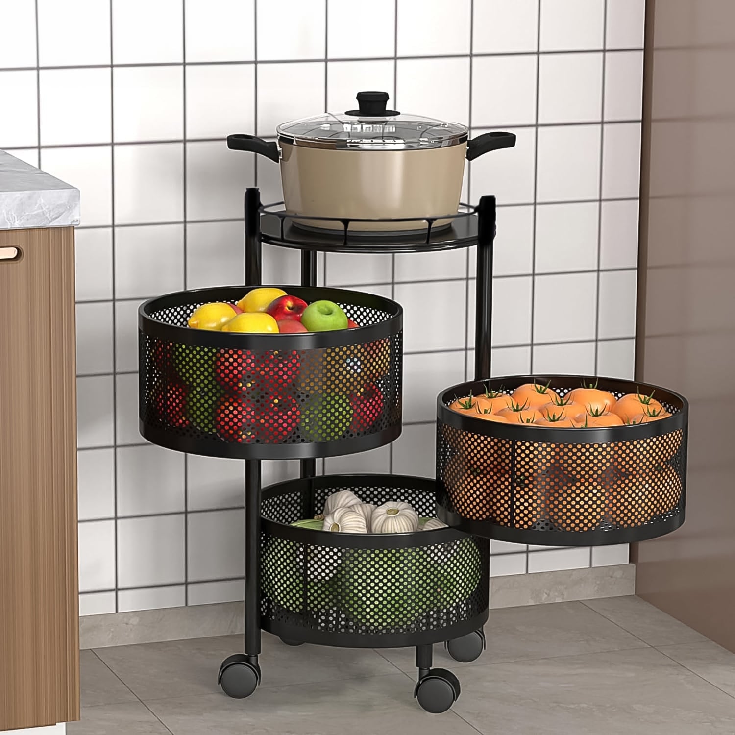 Metal Round High Quality Kitchen Trolley with Wheels (3 Layer / 1 Pc)