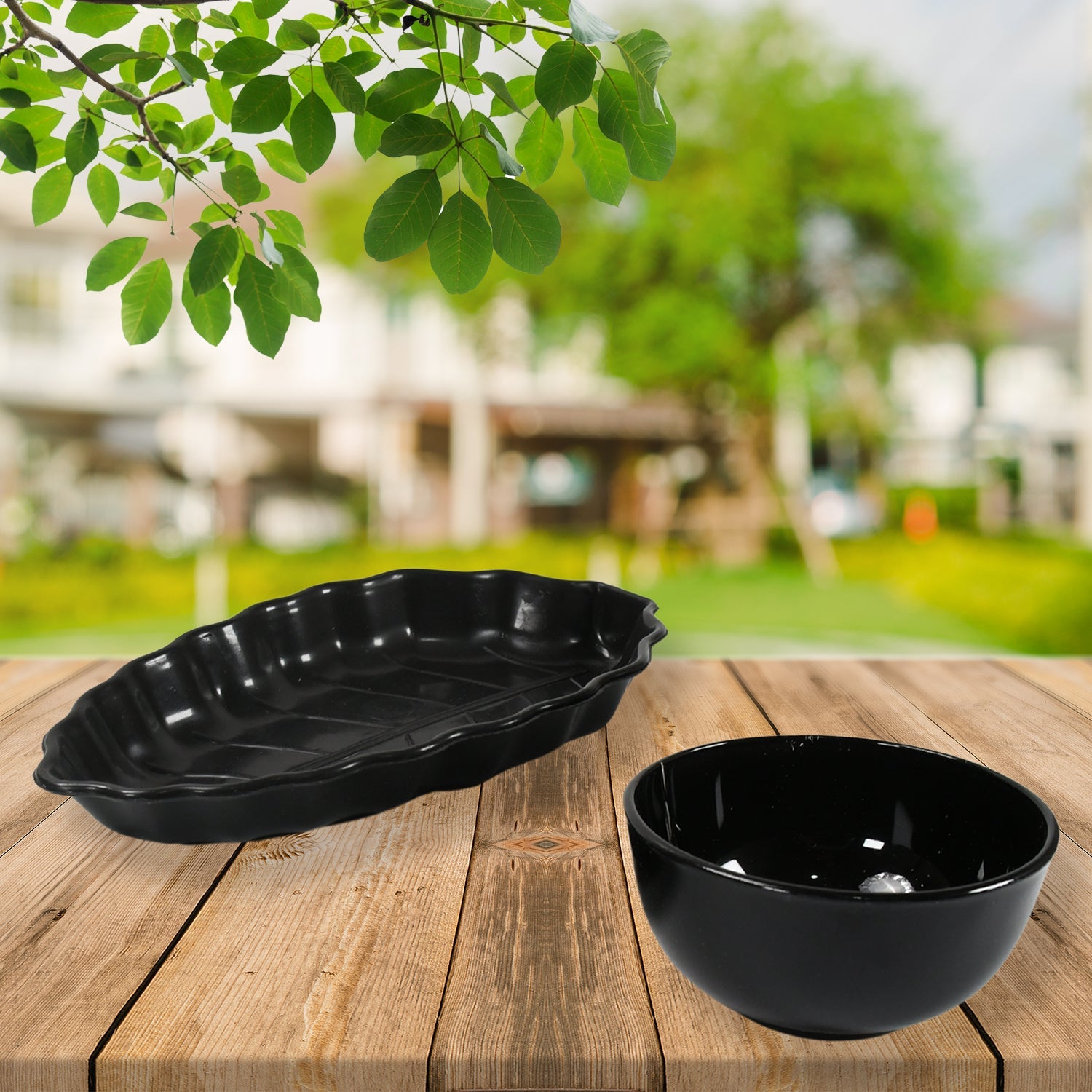 8233 Invitation Round Ceramic Snacks Bowl With Plastic Leaf shape Serving platter Portable, Lightweight Breakfast, Serving Bowl | Ideal for Rice, Pasta, Desserts Home & Kitchen Serving Bowl & platter (8 Pcs set)