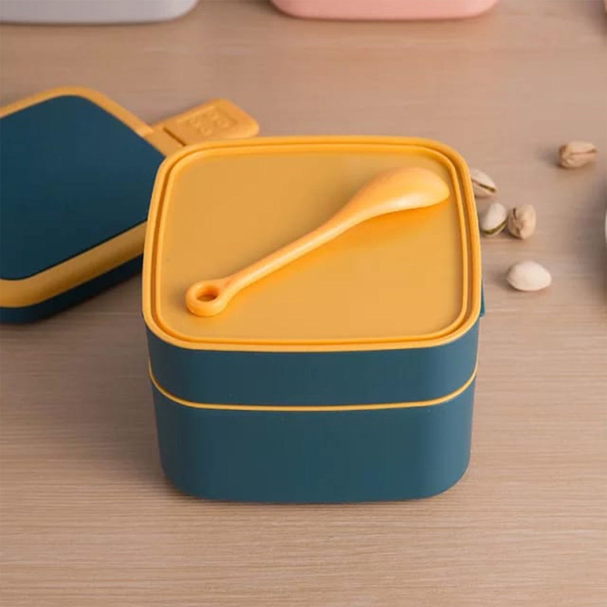 2838A BLUE DOUBLE-LAYER PORTABLE LUNCH BOX STACKABLE WITH CARRYING HANDLE AND SPOON LUNCH BOX , Bento Lunch Box DeoDap