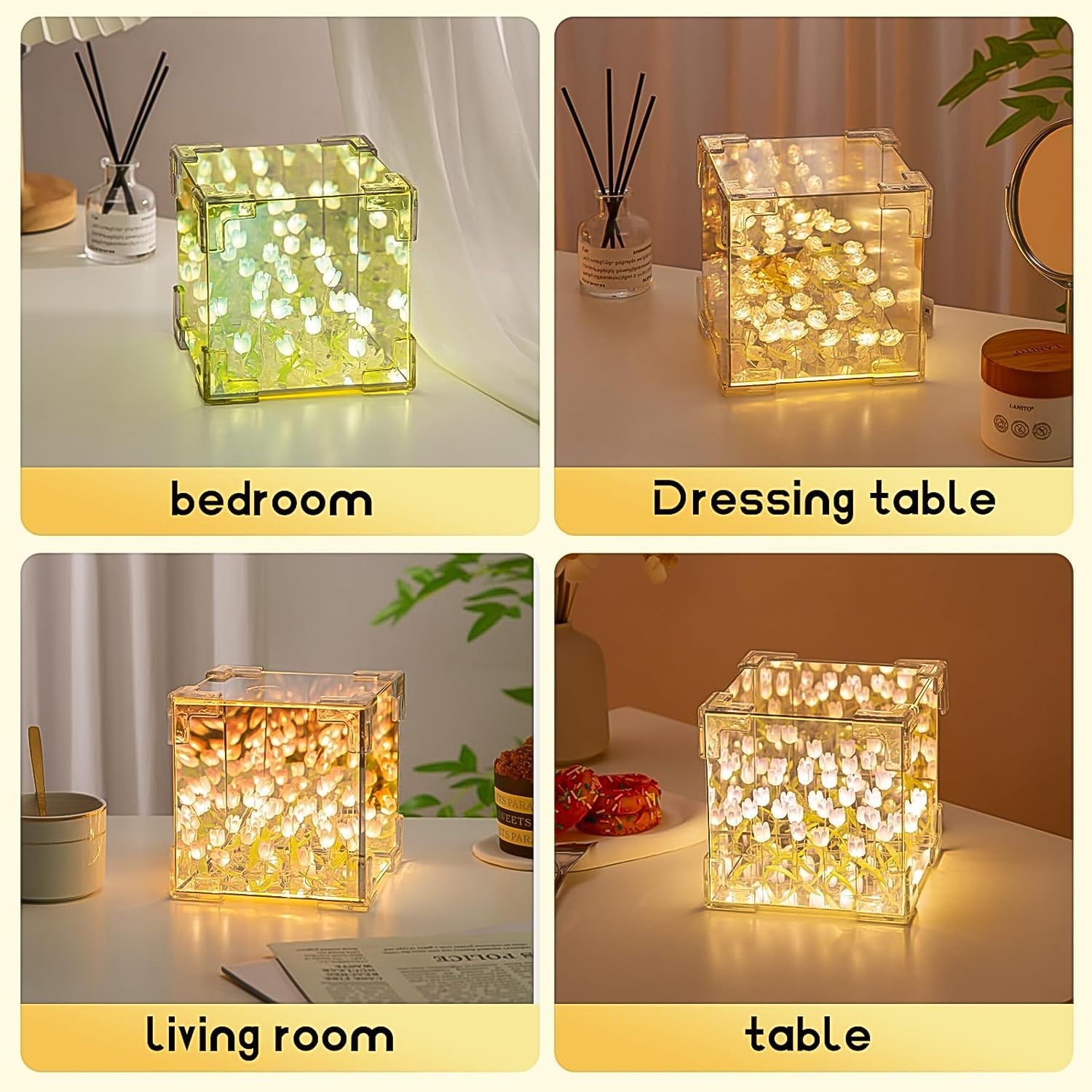 Cube Tulip Night Lamp | Led Decorative Nights Lamp for Bedroom (Multicolor / 1 Set)