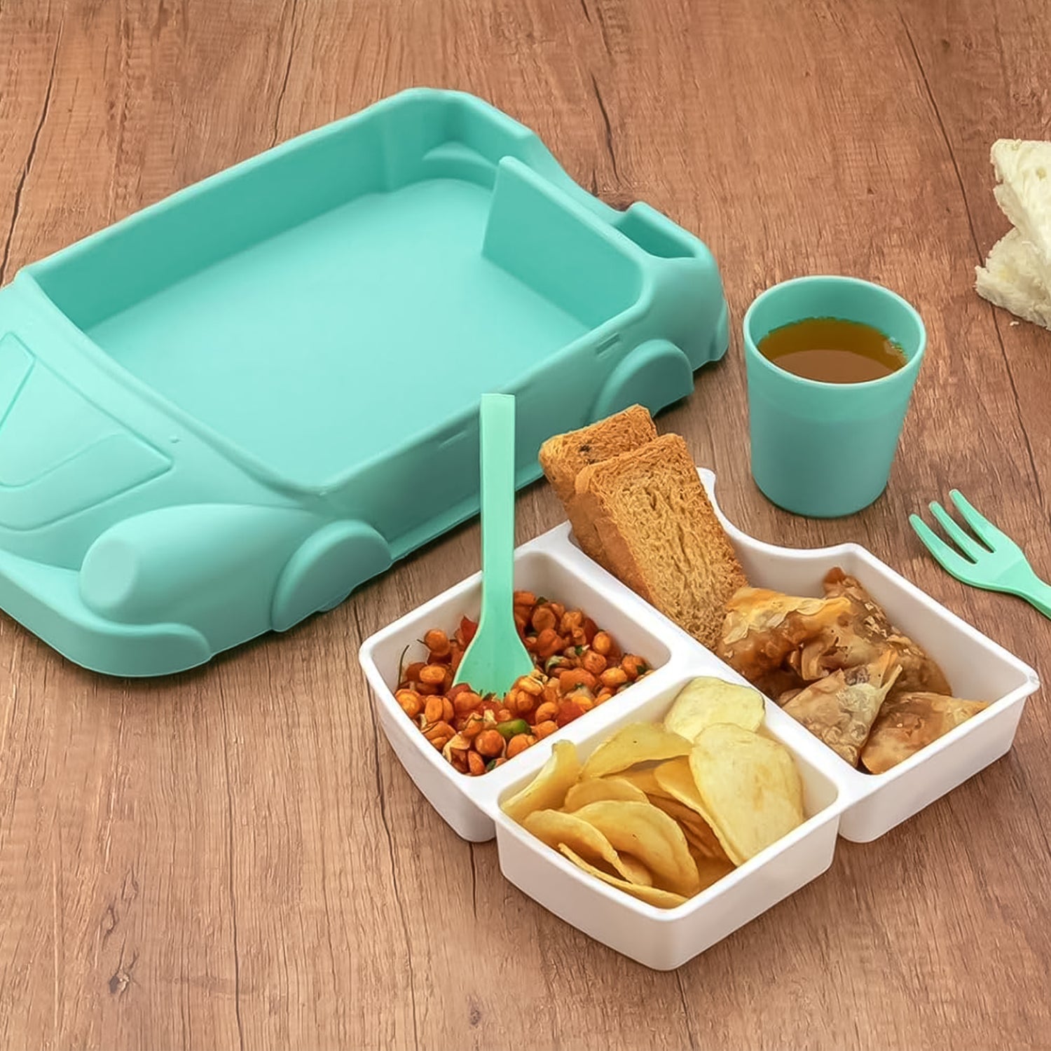 Kid's Car Shaped Plates Cup / Lunch Box Dinnerware Set (4 Pcs Set / 1000 ML Lunch Box)