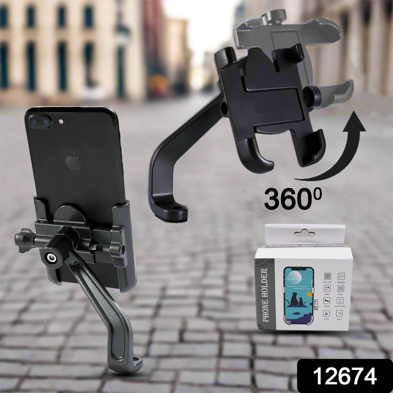 12674 Full Metal Body Bike & Scooty 360 Degree Rotating Mobile Holder Stand for Bicycle, Motorcycle, Scooty for Maps and GPS Navigation Fits All Smartphones (1 Pc)