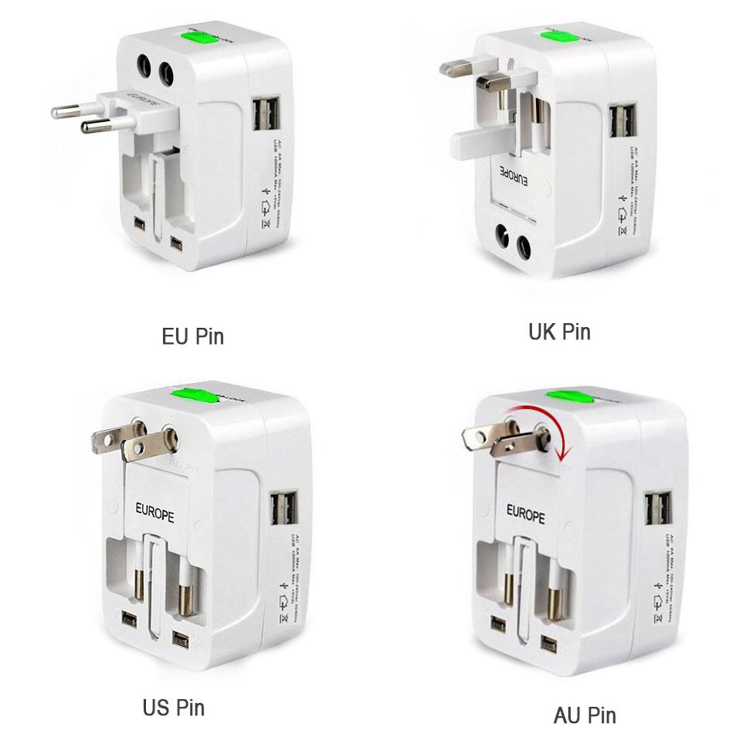 12671 All-in-One Universal Worldwide Travelling AC Adaptor Plug (AU / UK / US / EU) International Power Charger Electric USB Power Plug Socket Adapter Converter (1 Pc)