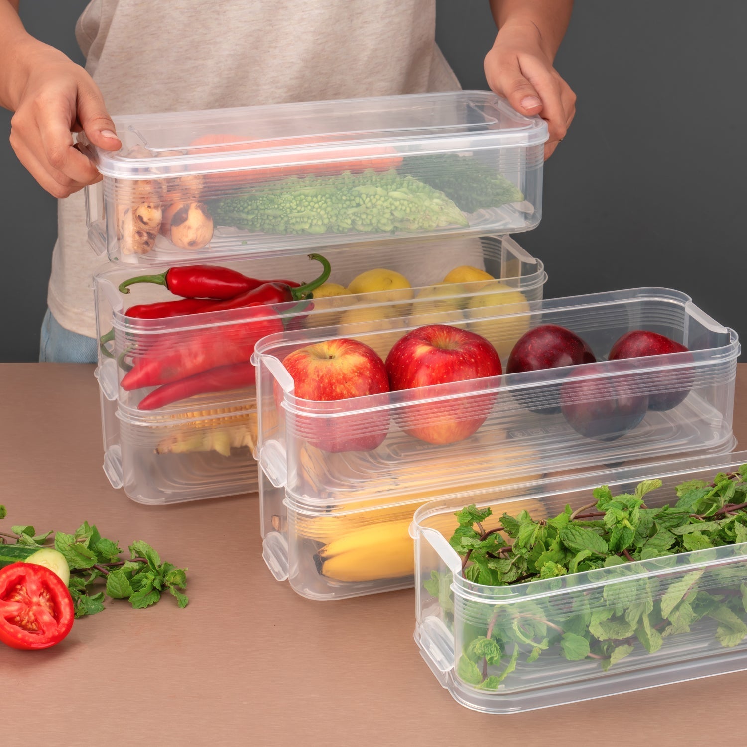 5595 3 Fridge Storage Container, Fridge Organizer with Lid Stackable Fridge Storage Containers Plastic Freezer Storage Containers for Fish, Meat, Vegetables, Fruits, Pack of 3pcs, 1500ML Approx