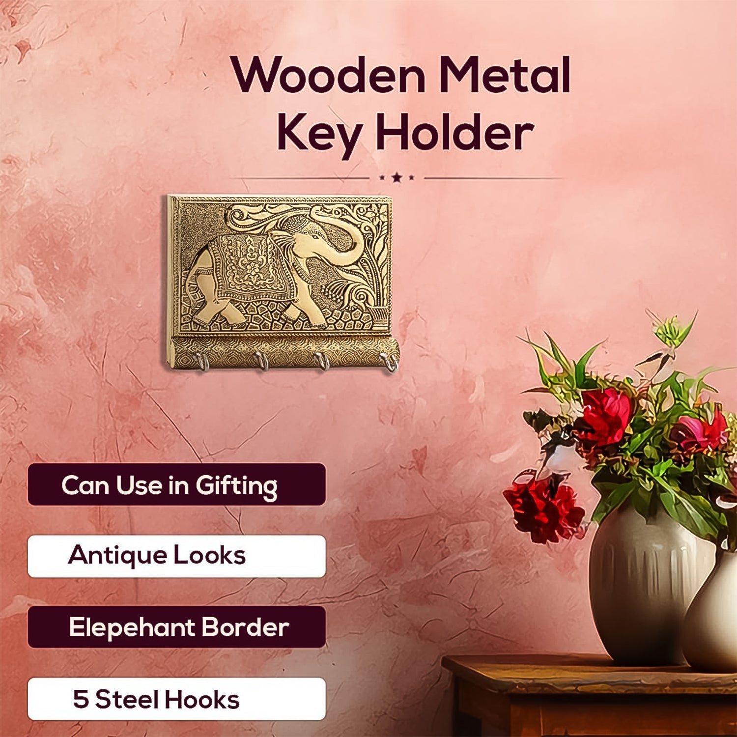 Wooden Key Holder for Home Decor Stylish Metal Gold Antique Elephant Design (1 Pc)