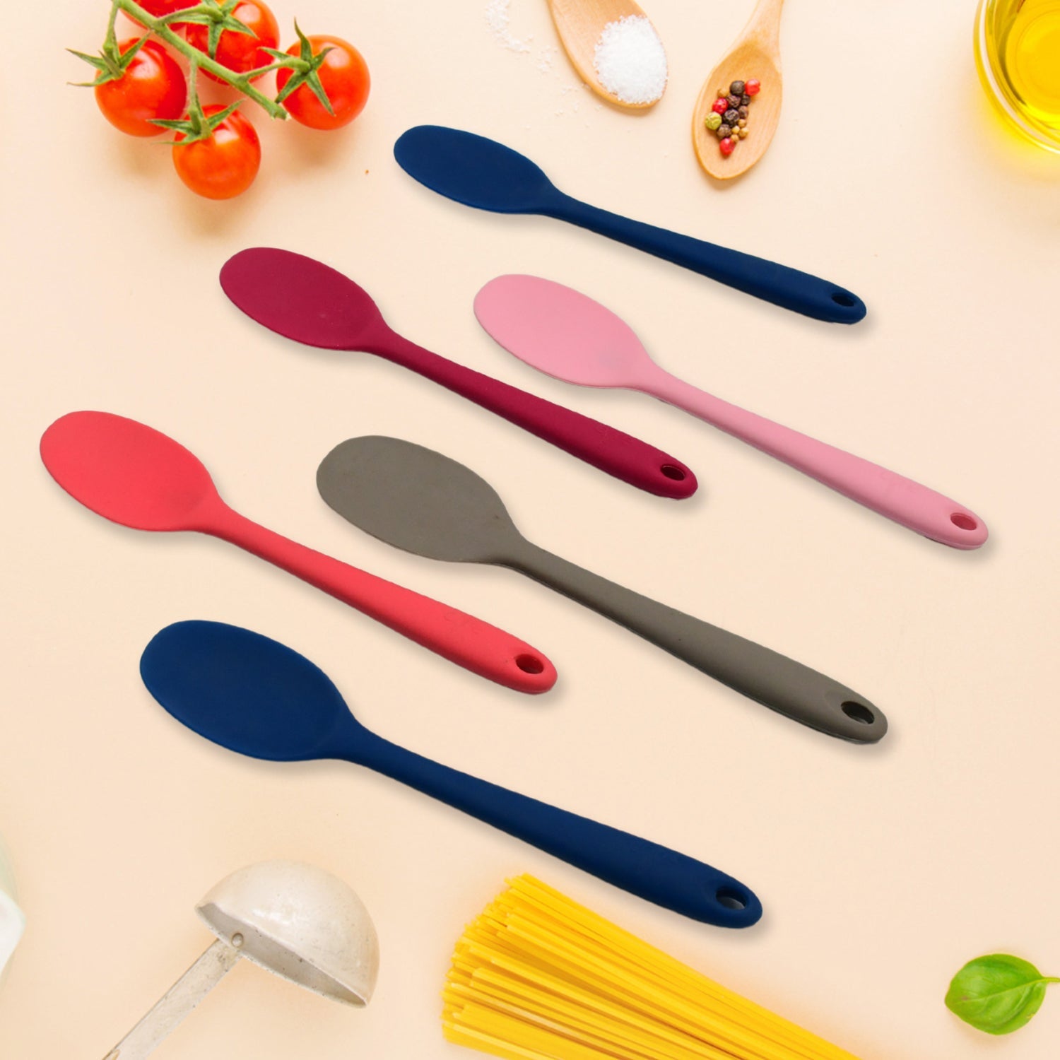 Multipurpose Silicone Spoon, Silicone Basting Spoon Non-Stick Kitchen Utensils Household Gadgets Heat-Resistant Non Stick Spoons Kitchen Cookware Items For Cooking and Baking (6 Pcs Set)