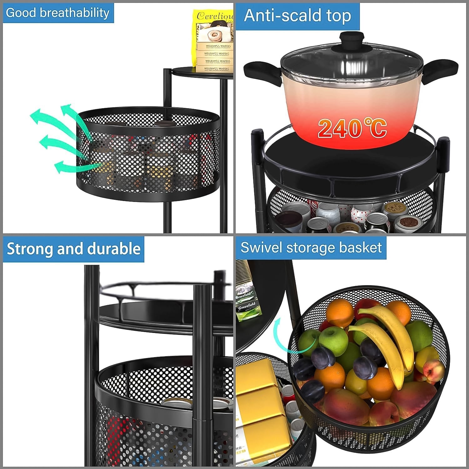 Metal Round High Quality Kitchen Trolley with Wheels (3 Layer / 1 Pc)