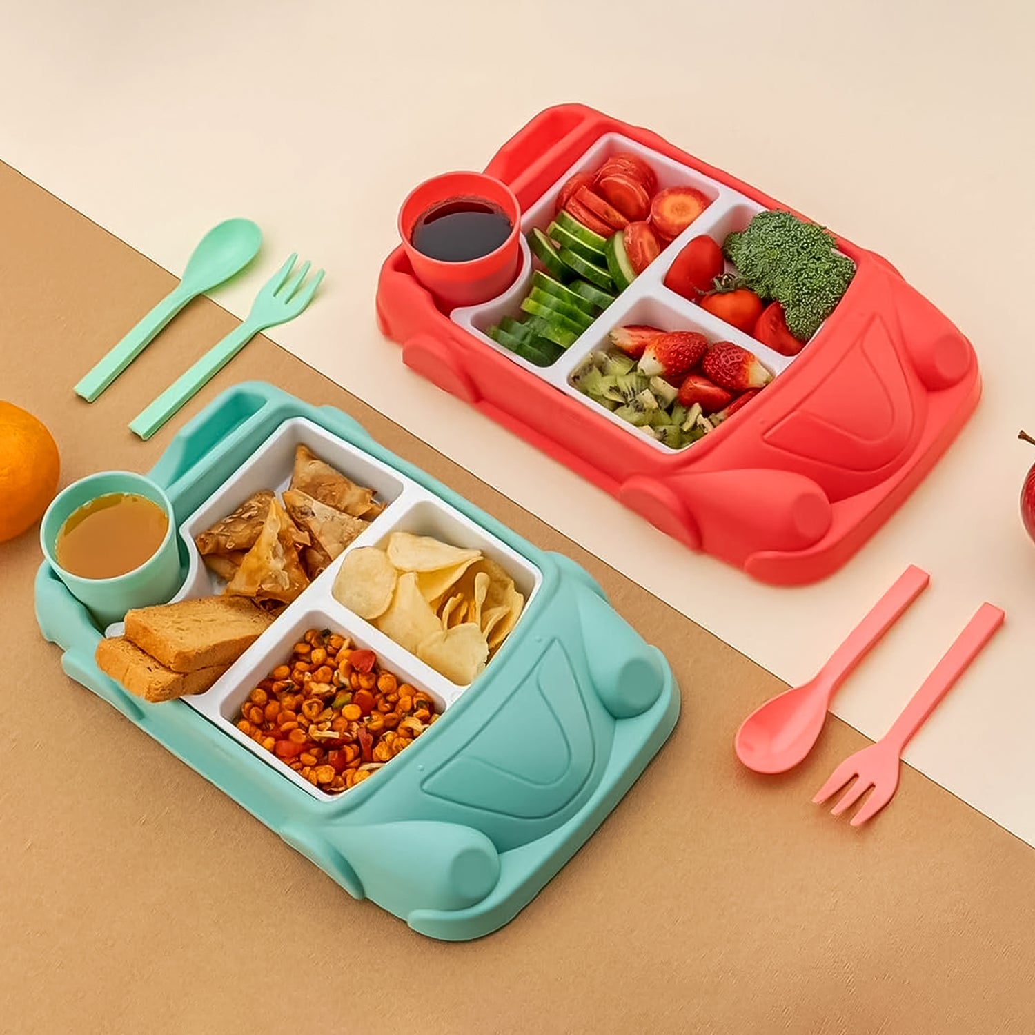 Kid's Car Shaped Plates Cup / Lunch Box Dinnerware Set (4 Pcs Set / 1000 ML Lunch Box)