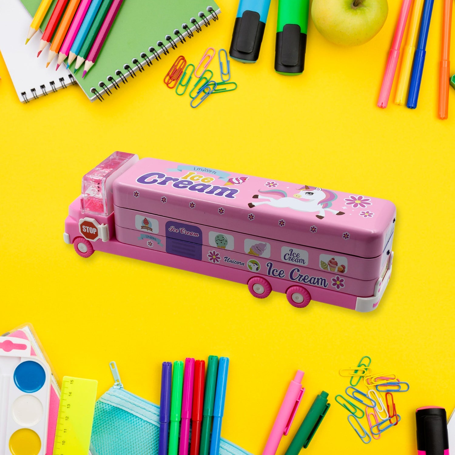 4568 Double Decker Magic Truck Compass Multi Level Metal Truck Compass Pencil Case with Movable Wheels & Sharpener (Mix Design)