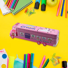 4568 Double Decker Magic Truck Compass Multi Level Metal Truck Compass Pencil Case with Movable Wheels & Sharpener (Mix Design)