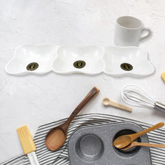 Triple Mazza Ceramic Tea / Cups Set Including 3 Compartment Plastic Serving Platter (4 Pcs Set)