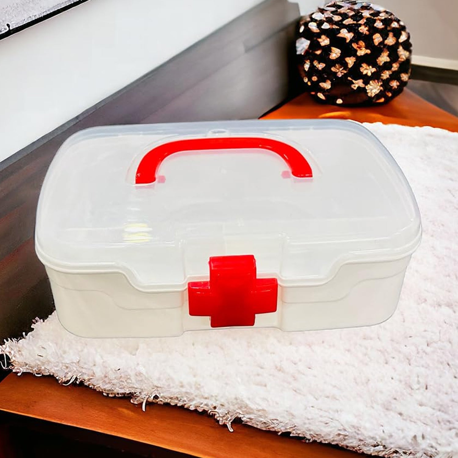 12980 3 Compartment Medical Box, 1 Piece, Indoor Outdoor Medical Utility, Medicine Storage Box, Detachable Tray Medical Box Multi Purpose Regular Medicine, First Aid Box with Handle, Transparent Lid & Color Box 