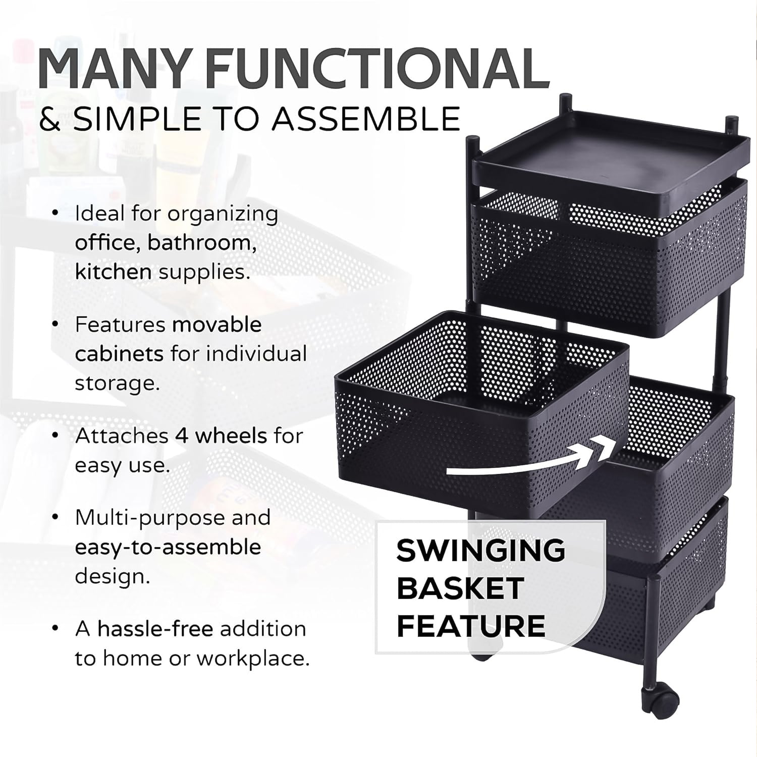 Metal Square High Quality Kitchen Trolley with Wheels (4 Layer / 1 Pc)