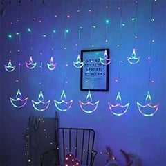 Multicolor 12 Diya Curtain String Lights, Window Curtain Lights with 8 Flashing Modes Decoration Light (Multi Color)