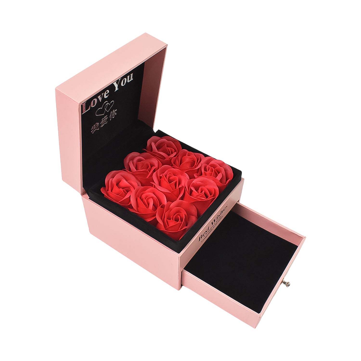 Preserved Eternal Rose Flower Gift Box Drawer with I Love You & Artificial 9 Pcs Rose (1 Set)