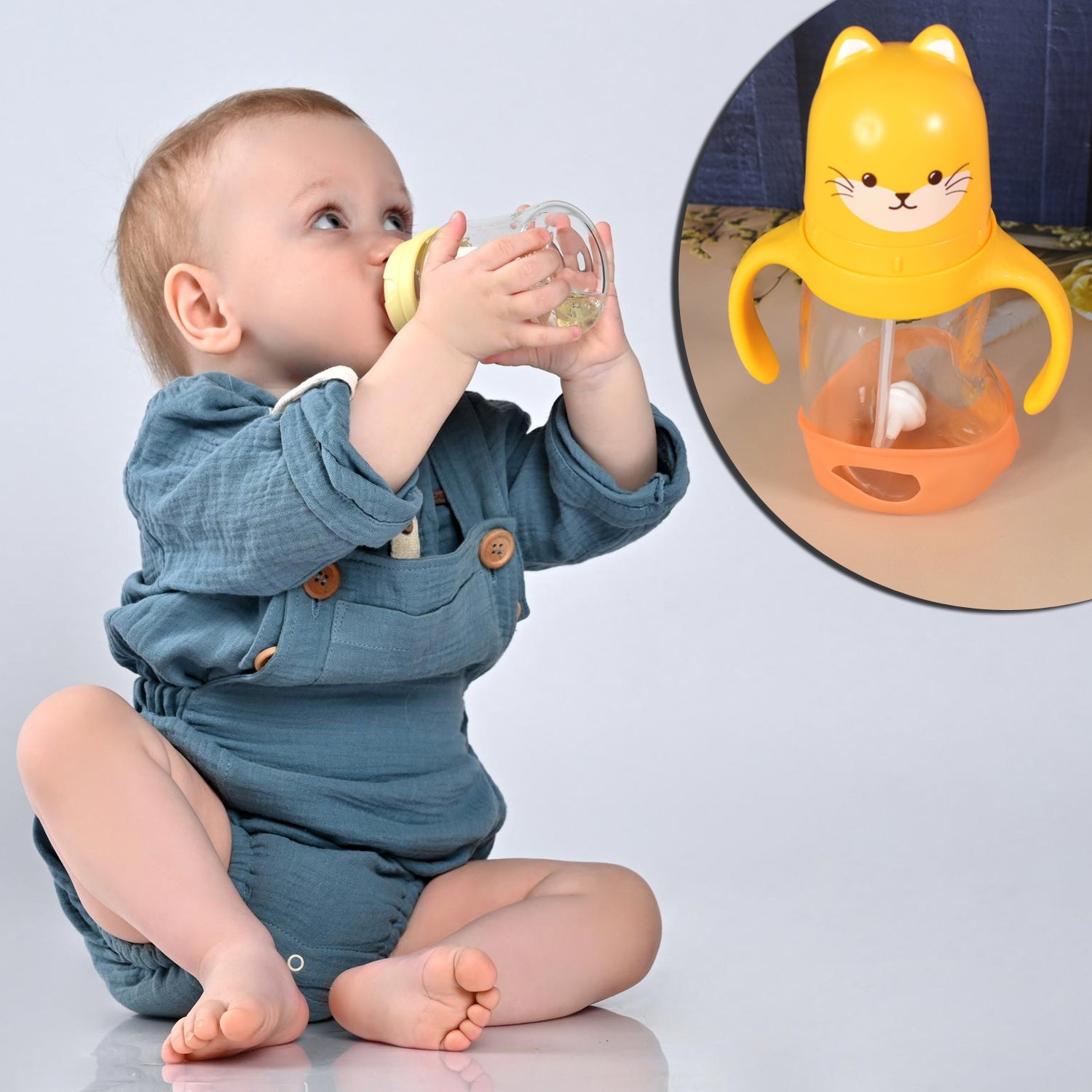 Glass Baby Feeding Bottle with Handles & Straw (300 ML / 1 Pc)