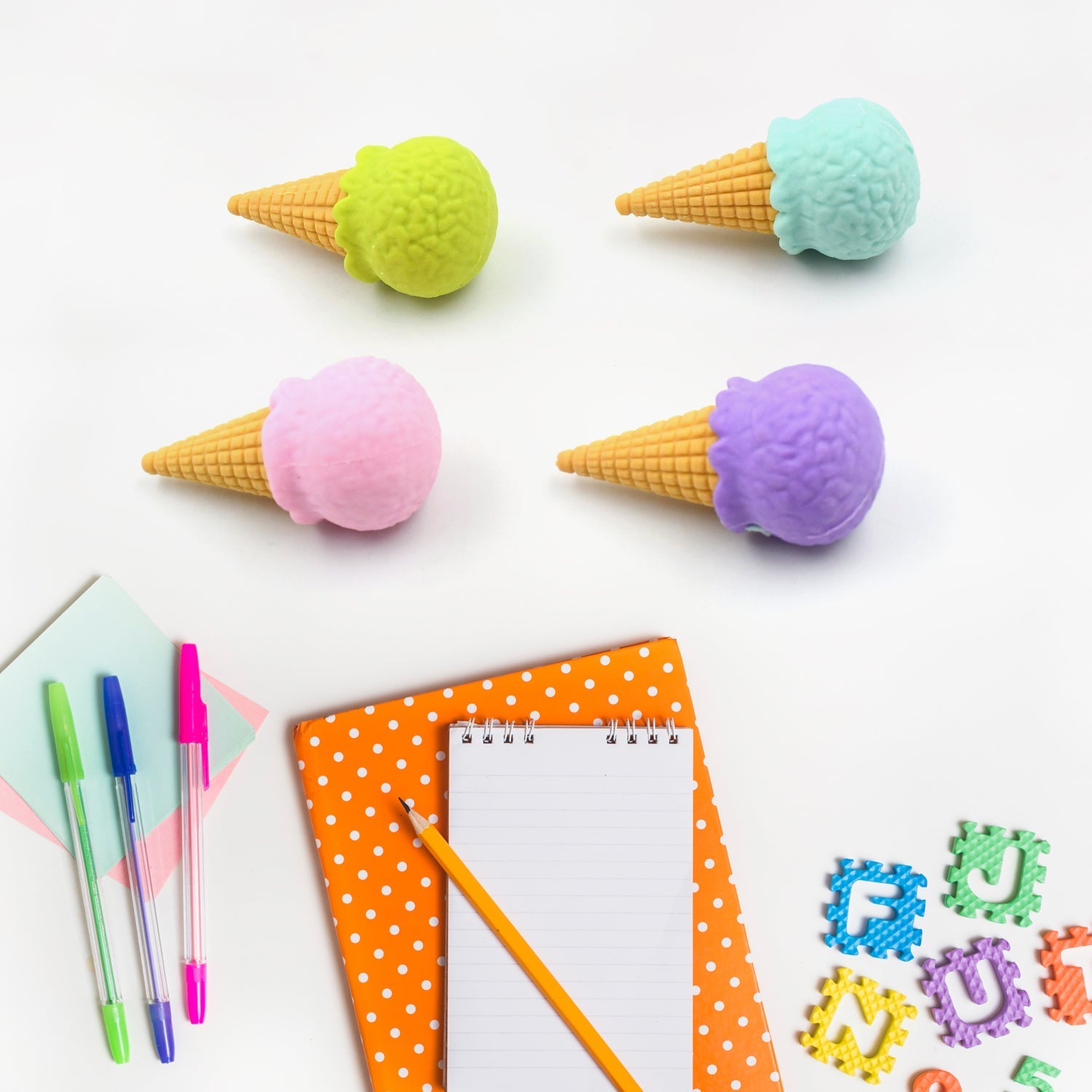 Cone /Donut/ Lolipop/ Ice cream /Eraser for Girls & Boys /Eraser for School B'Day Return Gift Party Doughnut Lollipop Ice Cream Theme Shape Erasers Pencils Set for Kids Educational Stationary kit, School Supplies (1 Set 4 Pc)