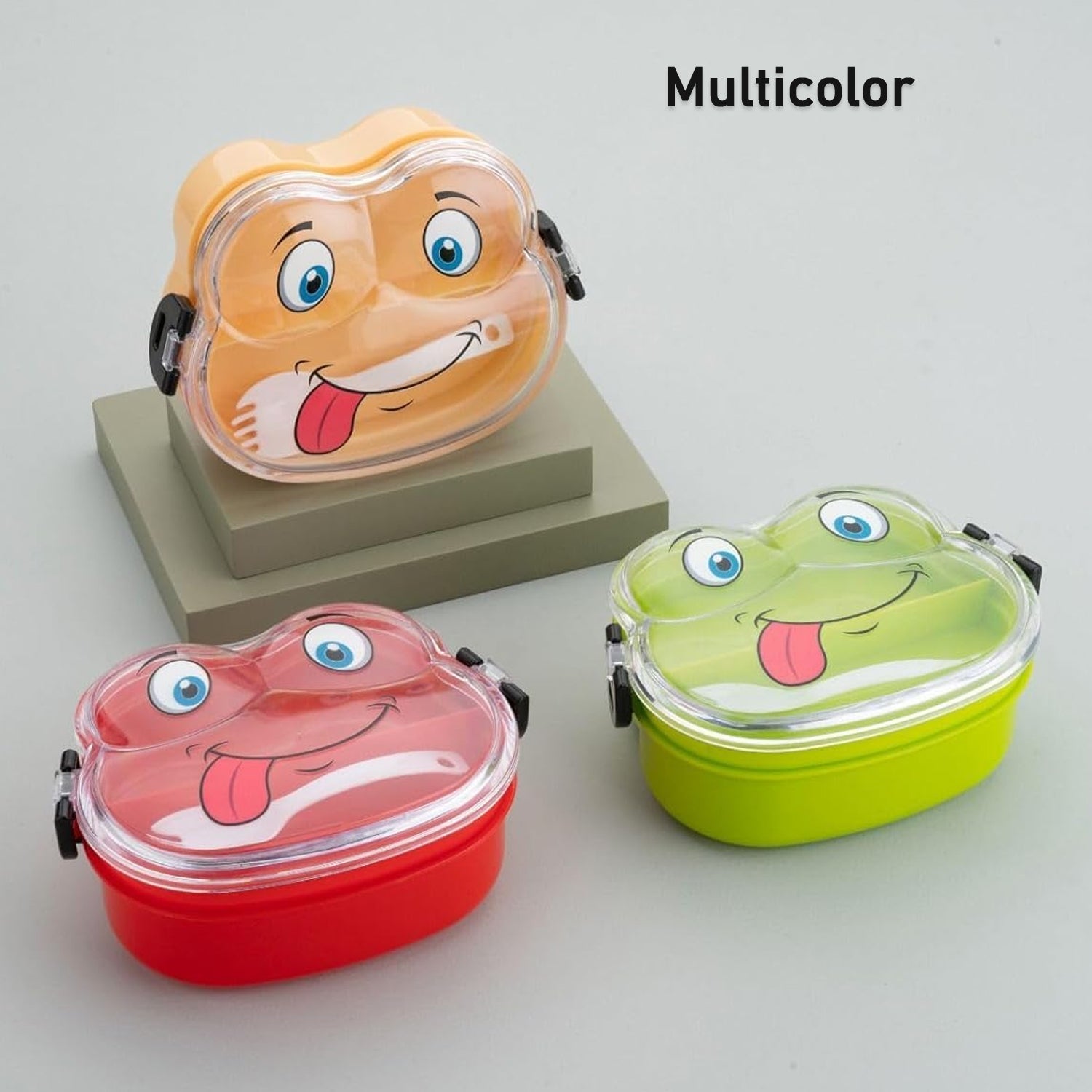 Double Layer Froggy Shape Lunch Box with Spoon (1 Pc / Mix Color)