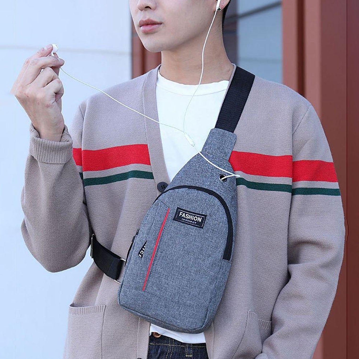 0323 grey Waterproof Anti Theft Crossbody fanny pack waist bag PU Leather Shoulder Bags Chest Men Casual fashion USB Charging earphone hook Sling Travel Messengers Bag DeoDap